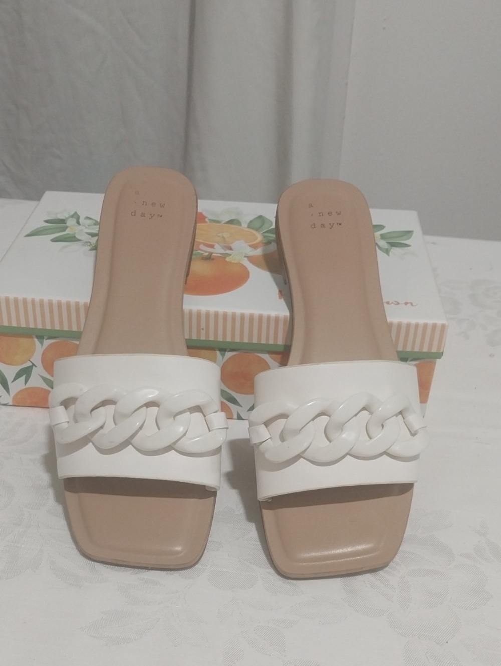 a new day White Chain-Link Slide Mules with Tan Footbed